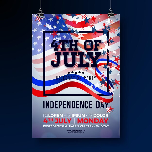 Fourth of July Independence Day of the USA Party Flyer Design with American Flag Star and Ribbon