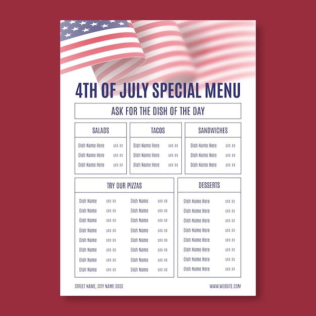 Free vector fourth of july menu template design