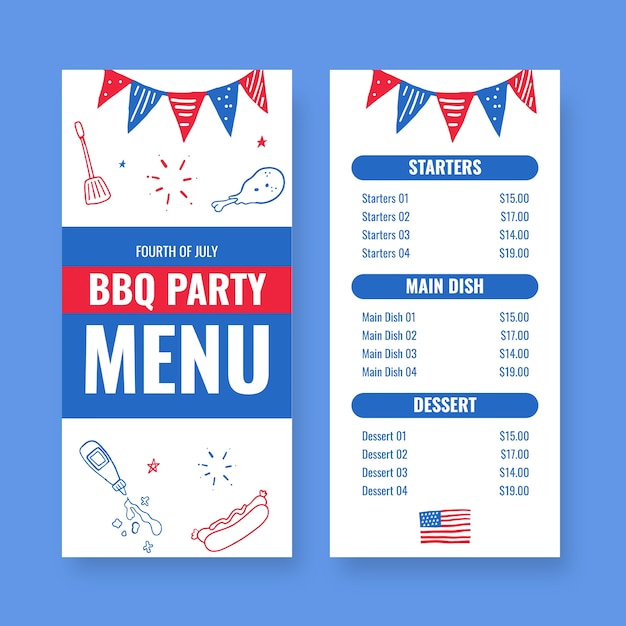 Free vector fourth of july menu template design