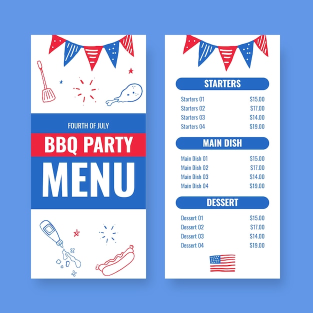 Free Vector Fourth of july menu template design Free Vector Fourth of july menu template design