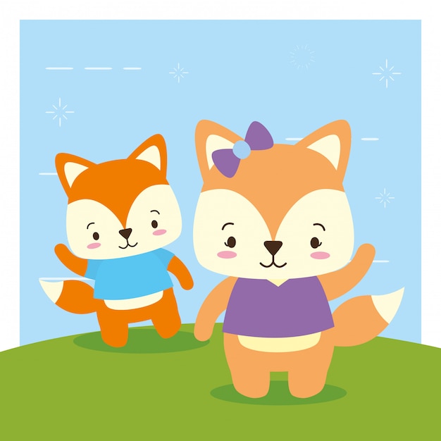 キツネのカップル、かわいい動物、漫画、フラットスタイル、イラスト