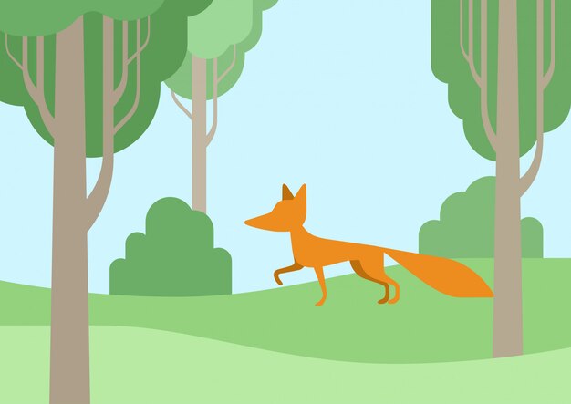 Fox flat cartoon in the forest.