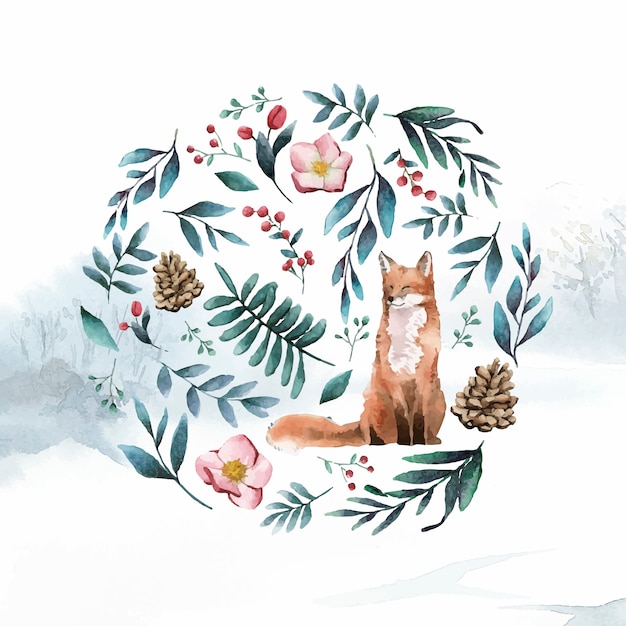 Free vector fox in nature painted by watercolor