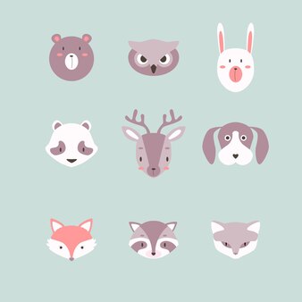 여우, 팬더, 사슴, 너구리, 올빼미 귀여운 벡터 동물. 초대 카드 설정