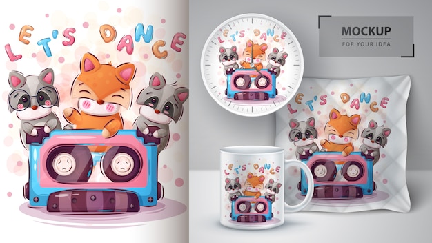 Free vector fox, raccoon dance poster and merchandising