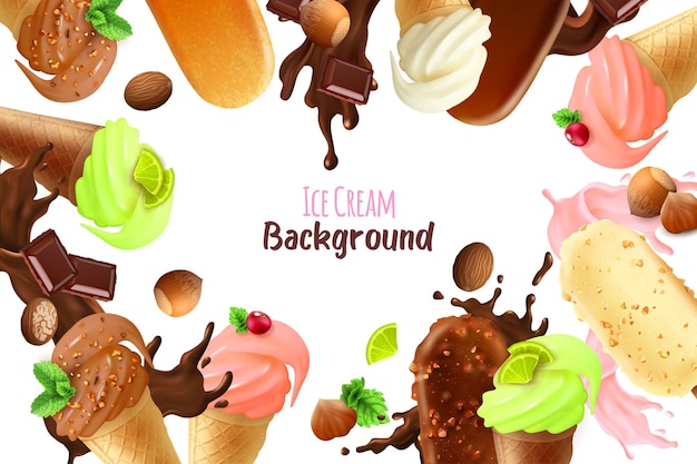 Frame background with different varieties and shapes of ice cream realistic