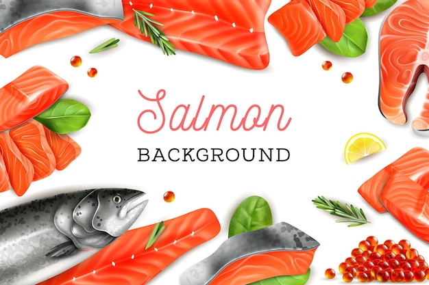 Рамка фон с кусочками лосося, дольками лимона, веточкой розмарина и красной икрой