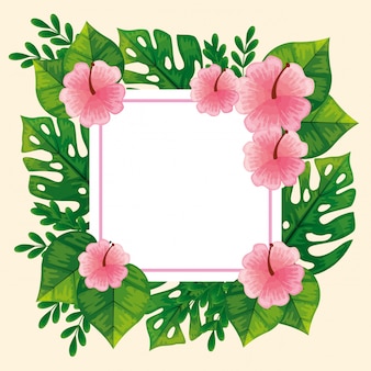 Frame of cute pink flowers with leaves