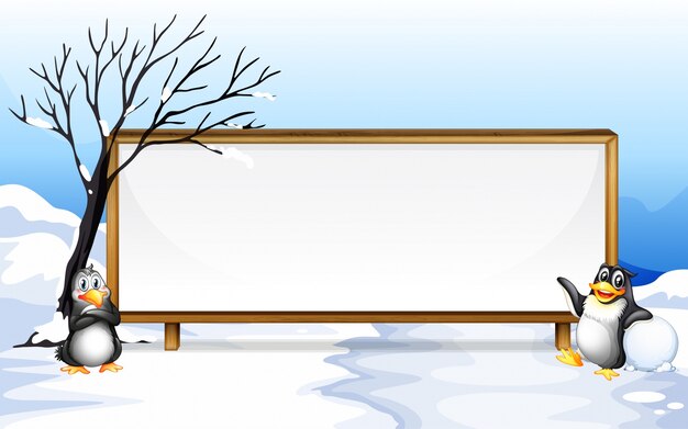 Frame design with penguin on snow illustration