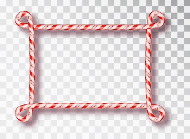 사탕 지팡이로 만든 프레임입니다. 투명 한 배경에 고립 된 빨간색과 흰색 줄무늬 롤리팝 패턴으로 빈 크리스마스 테두리. 휴일 디자인입니다.
