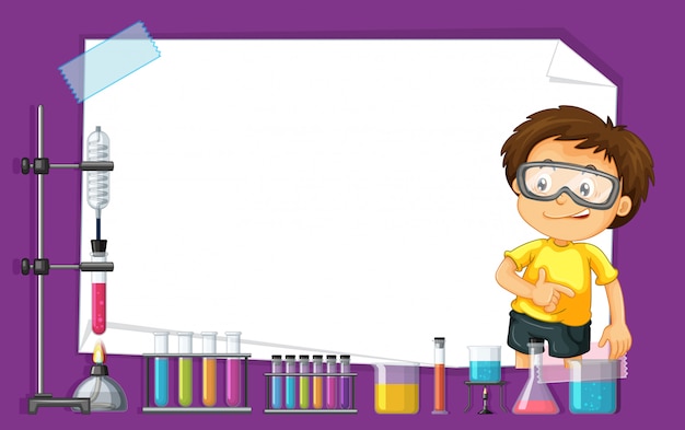 Free vector frame template design with kid in science lab