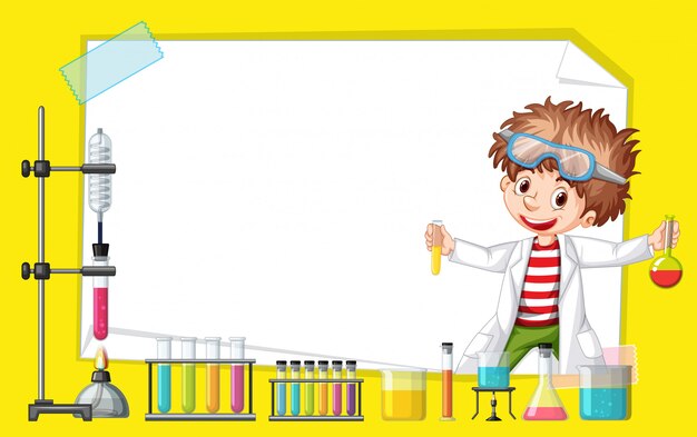 Free vector frame template design with kid in science lab