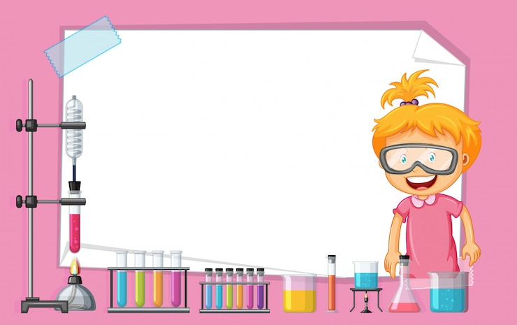मुफ़्त वेक्टर frame template with girl working in science lab
