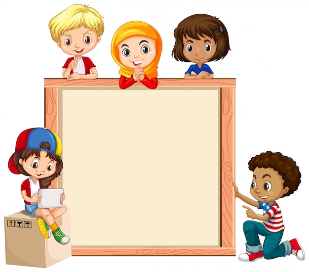 Free vector frame template with happy kids on wooden board