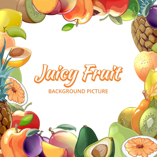 Frame tropical food, apricot and kiwi, pineapple and avocado, peach and apple illustration