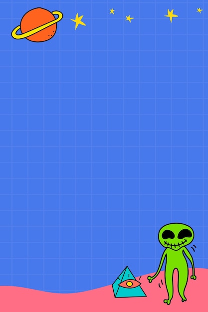 Frame with alien and saturn on an indigo grid background\
vector