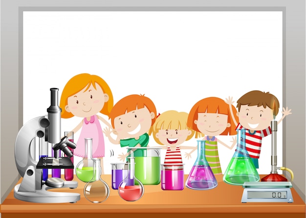 Бесплатное векторное изображение Рамка с детьми и лабораторией