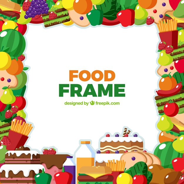 Frame with fruits, vegetables and fast food