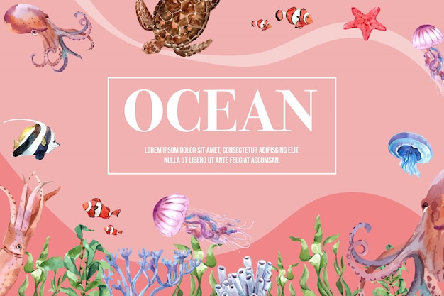 Telaio con sealife a tema, modello di illustrazione a colori dai toni caldi e creativi.