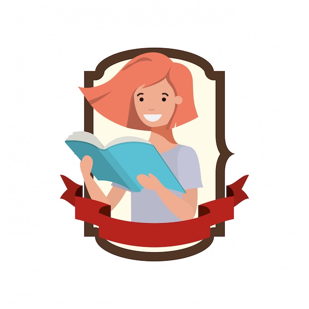 Free vector frame with student girl and reading book