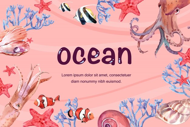 Рама с различных животных под морем, творческий теплый тон цвета иллюстрации шаблон.