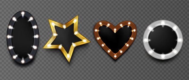 Рамки с лампочки на черной доске изолированы. Круглая, в форме звезды и в форме сердца, макияж Mirro