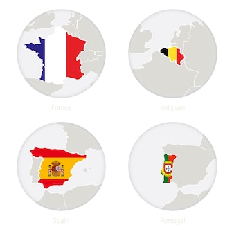 Контур карты франции, бельгии, испании, португалии и национальный флаг в круге. векторная иллюстрация.