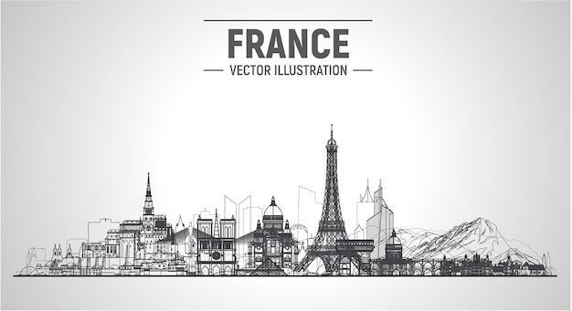 Francia città parigi mont blanc chambord mont saintmichel e altra linea skyline illustrazione vettoriale su sfondo bianco viaggi d'affari e concetto di turismo con i famosi punti di riferimento della francia