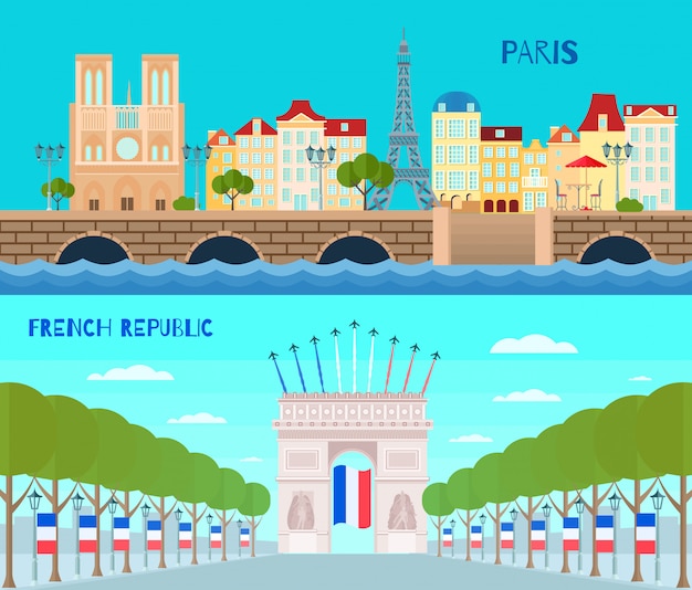 Free vector france horizontal banners set with french republic symbols flat isolated vector illustration