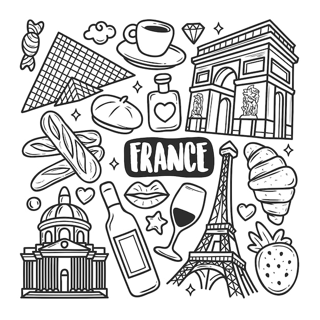 France Icons Hand Drawn Doodle Coloring