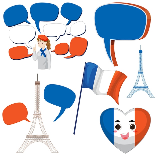 France icons set with speech bubbles