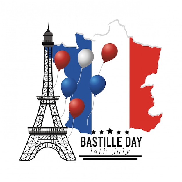 Бесплатное векторное изображение Карта франции с украшением эйфелевой башни и воздушными шарами