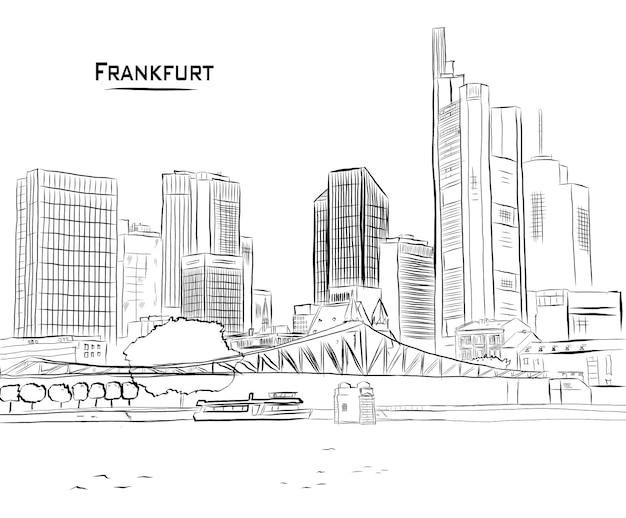 Free vector frankfurt skyline architecture line art vector illustration handrawing frameworks