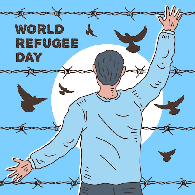 Free vector free birds and caged man concept refugee day