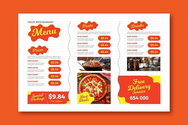 Vettore gratuito modello di menu ristorante orizzontale digitale di consegna gratuita