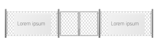 여유 공간, 시각적 옥외 광고 현실적인 벡터를위한 좋은 장소. 금속 기둥과 게이트 일러스트와 함께 체인 링크 울타리에 흰색, 빈 빌보드 또는 현수막. 보안 경고
