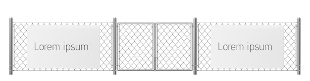 Free space, good place for visual outdoor advertisement realistic vector. White, blank billboard or placard on chain-link fence with metallic pillars and gate illustration. Security warning