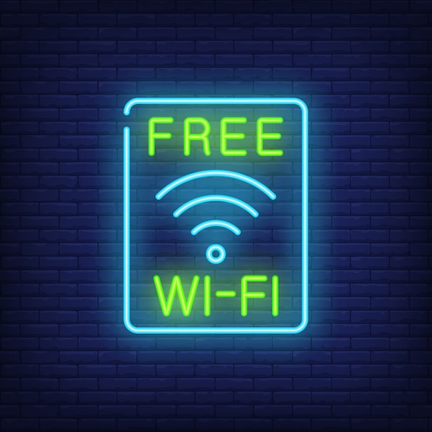 무료 와이파이 네온 사인. 파란색 사각형의 wi-fi 액세스 로그인. 밤 밝은 광고