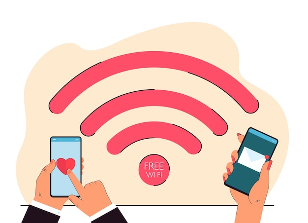 Vettore gratuito simbolo wi-fi gratuito e messaggio di invio a mano sull'app di appuntamenti. mani che tengono l'illustrazione piana di vettore degli smartphone. connessione internet, comunicazione, concetto tecnologico per banner o landing page