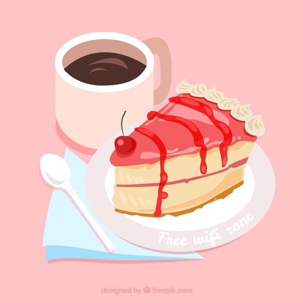 ケーキとコーヒーのある無料の無線LANの背景