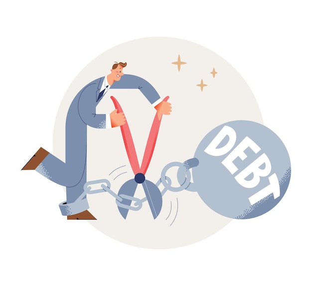 Free vector freedom from debt ball of happy businessman illustration man in suit cutting long chain with scissors financial free person breaking bank credit business loan and tax heavy burden