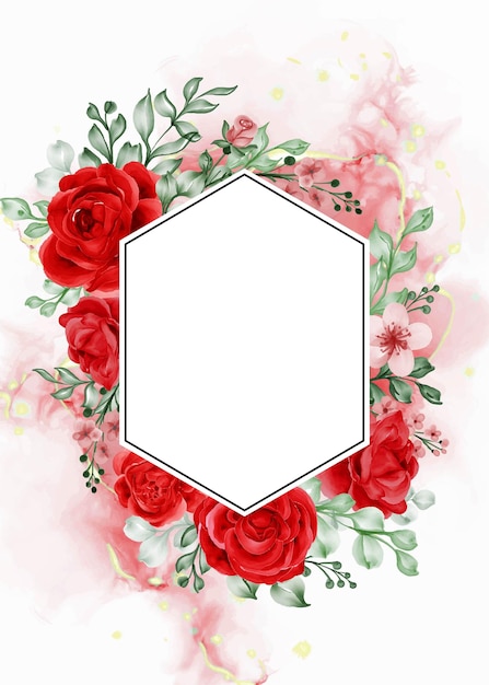 Freedom rose red flower frame background with white space hexagon