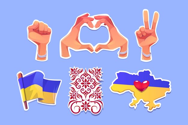 Freedom for Ukraine stickers stop war opposition symbols National flag hand gestures heart raised fist and victory map with heart and traditional embroidery isolated badges Cartoon vector set