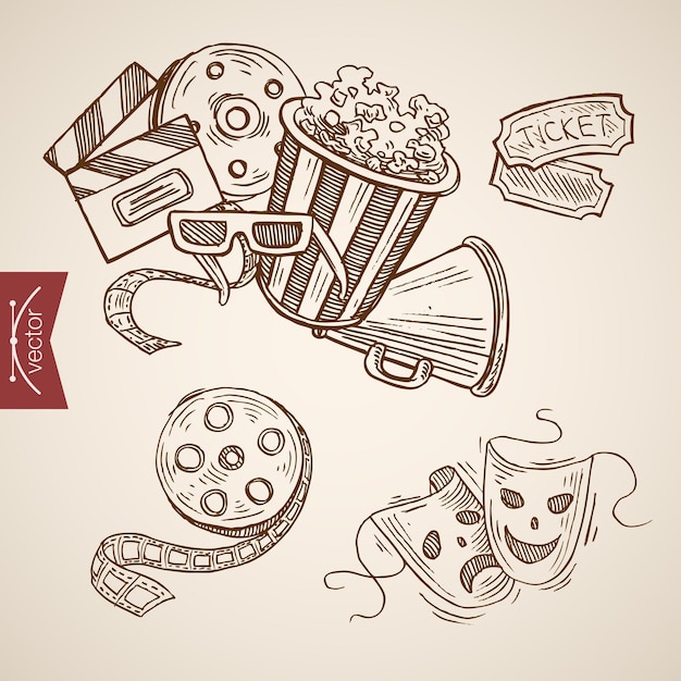 Free vector freehand drawing. popcorn, glasses, film, tickets, theatrical masks.