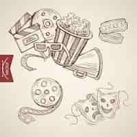 Free vector freehand drawing. popcorn, glasses, film, tickets, theatrical masks.