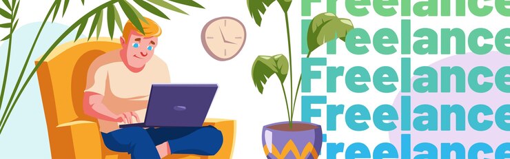 Free Vector freelance banner with man work on laptop