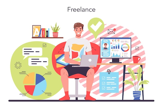 Freelance or outsoursing concept People working remotely through the internet Idea of jop independency and free schedule Time management work efficiency Vector flat illustration