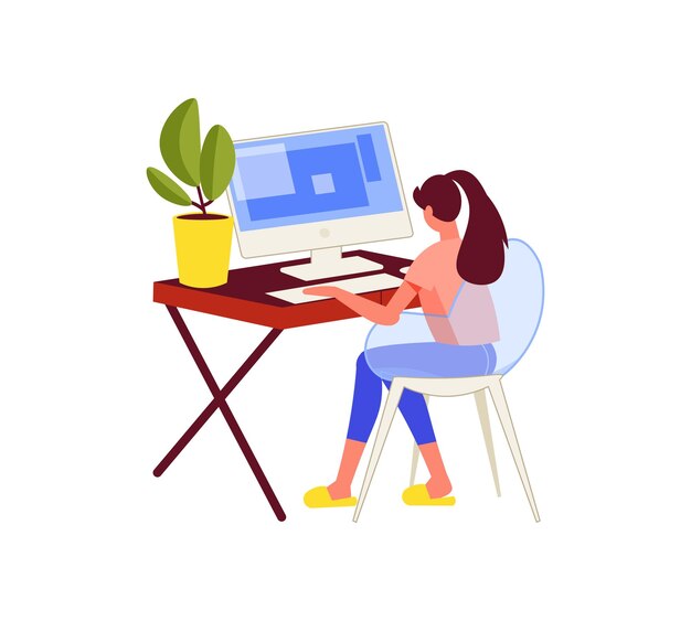 프리랜서 사람들은 집에서 일하는 컴퓨터 테이블에 앉아 있는 여성 캐릭터와 함께 작곡을 합니다.