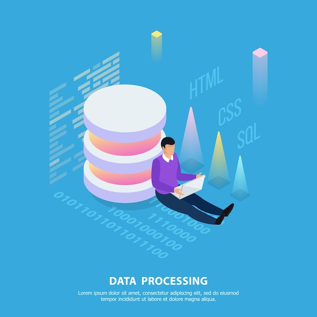 Freelance programming isometric  composition with graph digits text and human character with editable text