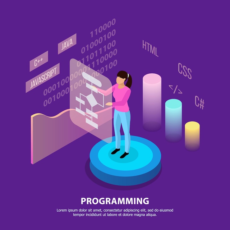 Free Vector freelance programming isometric  composition with infographic images people characters and editable text with colourful images
